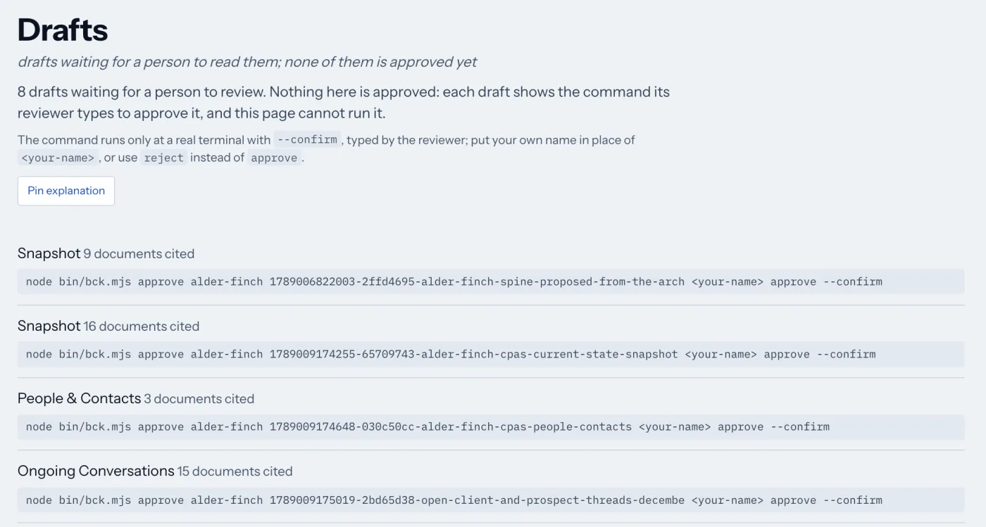 The Drafts page in the kit viewer: eight drafts waiting for review, each with the approve command its reviewer types at a terminal. The page cannot run the command itself.
